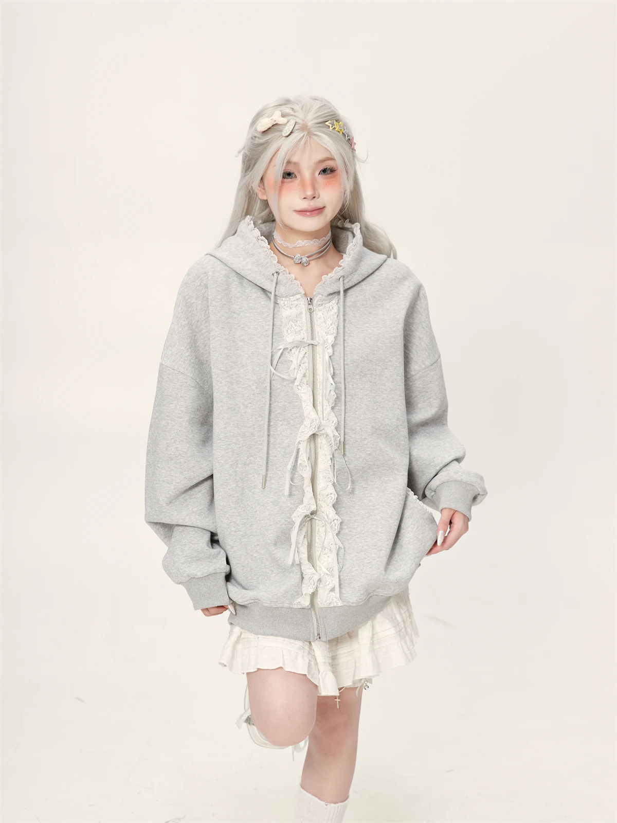 Lace Bow Zipper Gray Sweatshirts Jacket Women's Spring and Autumn 2025 New Hooded Long Sleeve Cardigan Top Oversized Hoodie