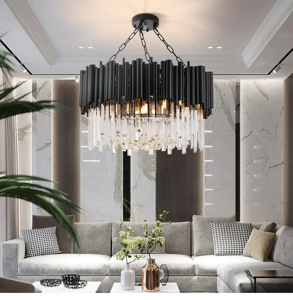 

Crystal Luxury LED Chandelier Lighting K9 Postmodern Living Dining Room Round Hanging Lamp Black Tube Villa Home Deco Fixtures