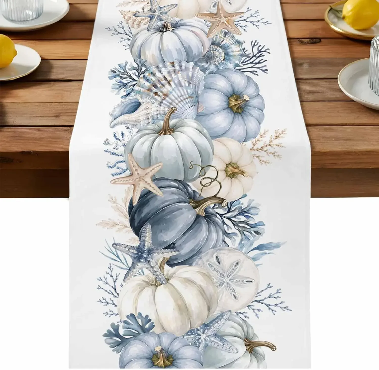 1Pc Coastal Style Table Runner White Blue Pumpkin Starfish Shell Print Table Cover For Dining Room Kitchen Party Decoration Tabl