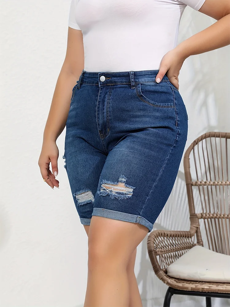 Klasyczne niebieskie zwinięte spodenki jeansowe Moda damska Uniwersalne gorące spodnie Plus Size Średnia talia Rozciągliwe dżinsy Solidne obcisłe