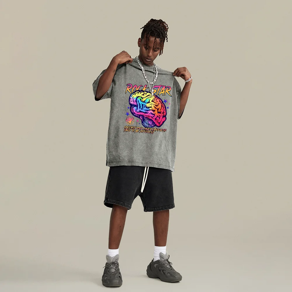 

Мужская и женская летняя трендовая футболка из чистого хлопка, винтажная стираная красочная футболка с принтом мозга, дышащая и привлекательная