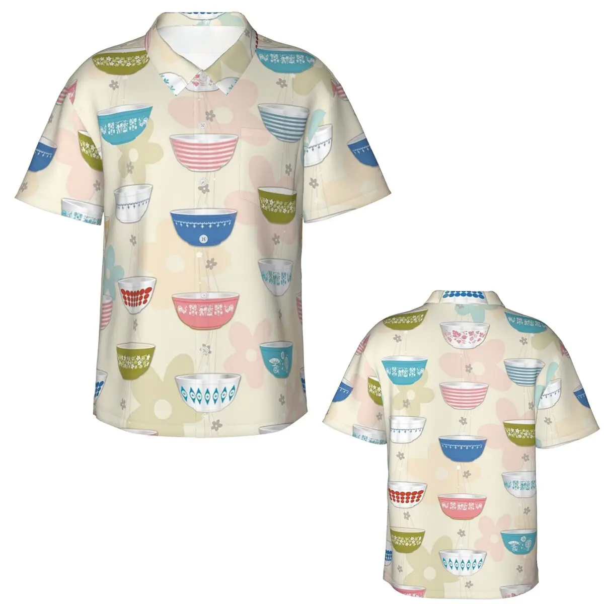 Vintage Pyrex Bowls Collection Hawaiian Shirts Funny Men Short Sleeve Shirt for Summer Beach Men's Lapel Tops