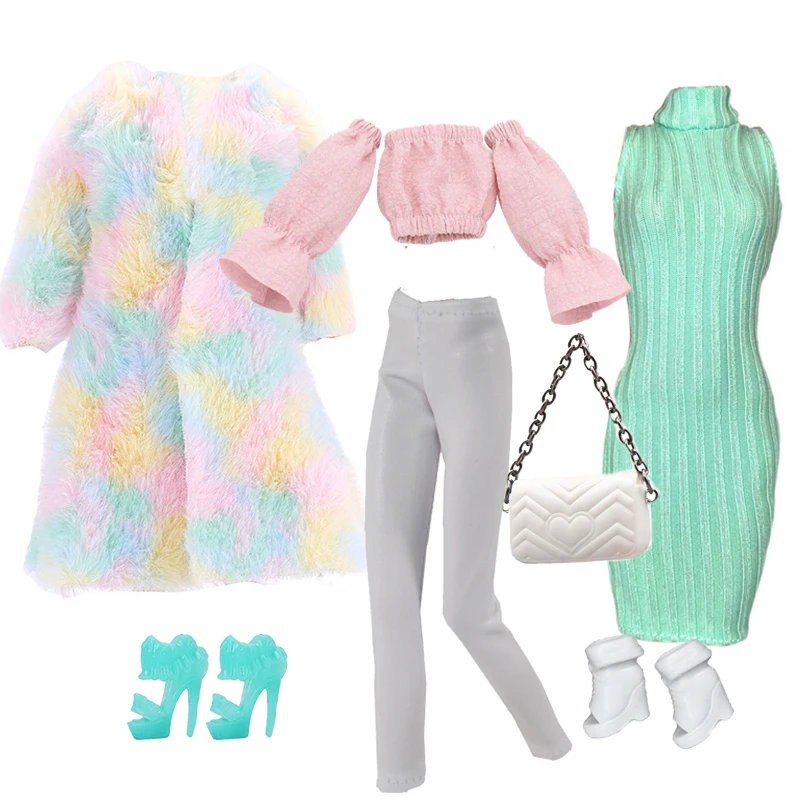 Buyeedoll roupas de pele vestido bolsa sapatos pacote roupa para 12 polegada moda boneca longo pele chita casaco conjunto para 1/6 boneca roupas diy