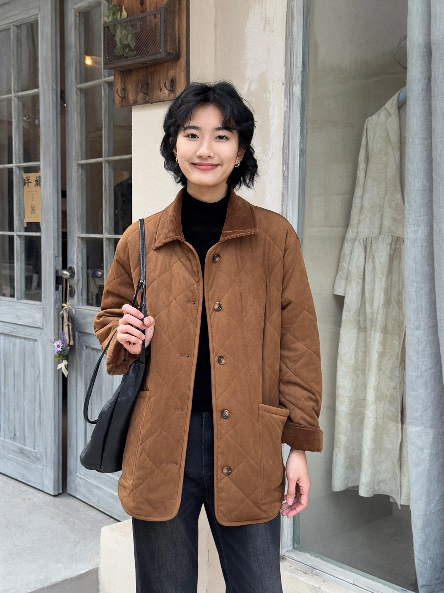 

Khaki Corduroy Patchwork Loose Long Sve Mid-Length Cotton Jaet Women's Winter New Sle Simple Commute Sle Casual Coat