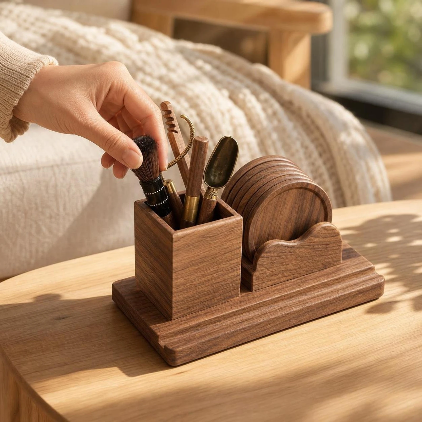Tea Ceremony Accessory Holder Walnut Wood Organizer Space-Saving Dark Brown Long-Lasting