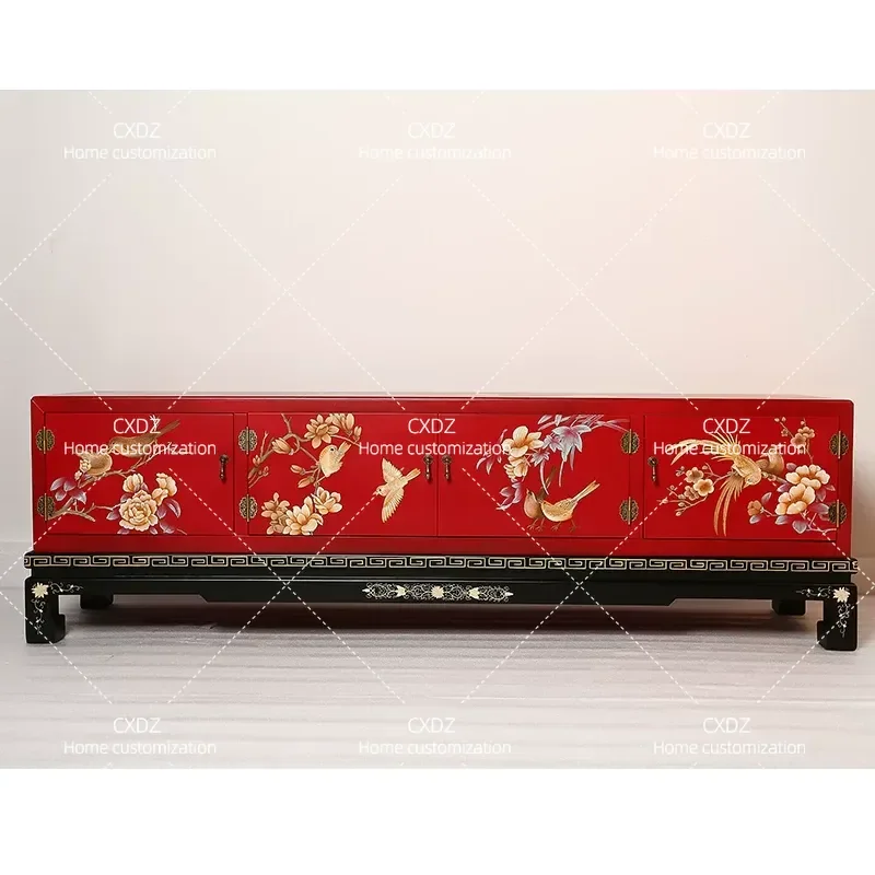 New Chinese Classical Hand Painted Flower and Bird TV Cabinet Living Room Bedroom Decorative Storage Furniture