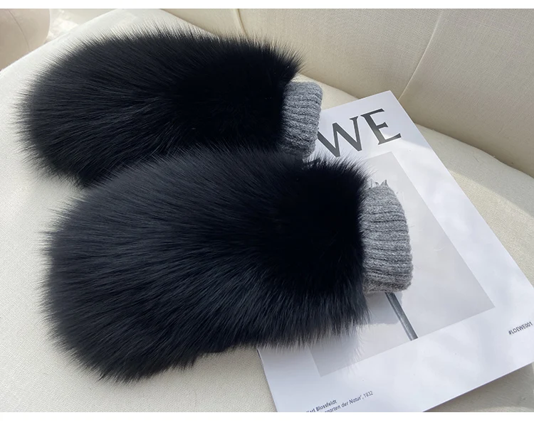 Real Fox Fur Gloves Knitted Women Mittens Winter Girls Fashion Fluffy Warm 100% Real Fox Fur Gloves