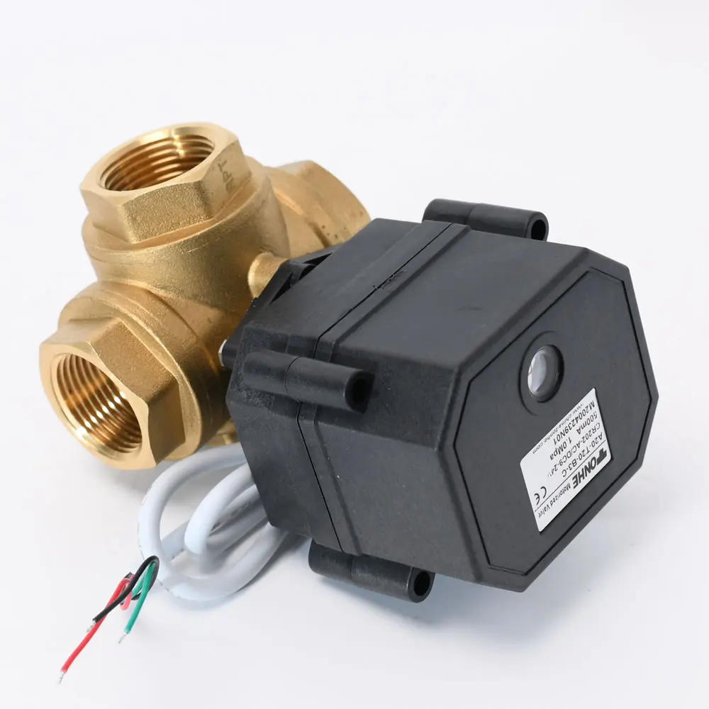 Tonheflow A20-T25-B3-C DN25 Female NPT Thread 3 Way L Port Brass CR202 AV110-220V 230V Motorized Valve 1.5m Cable Black