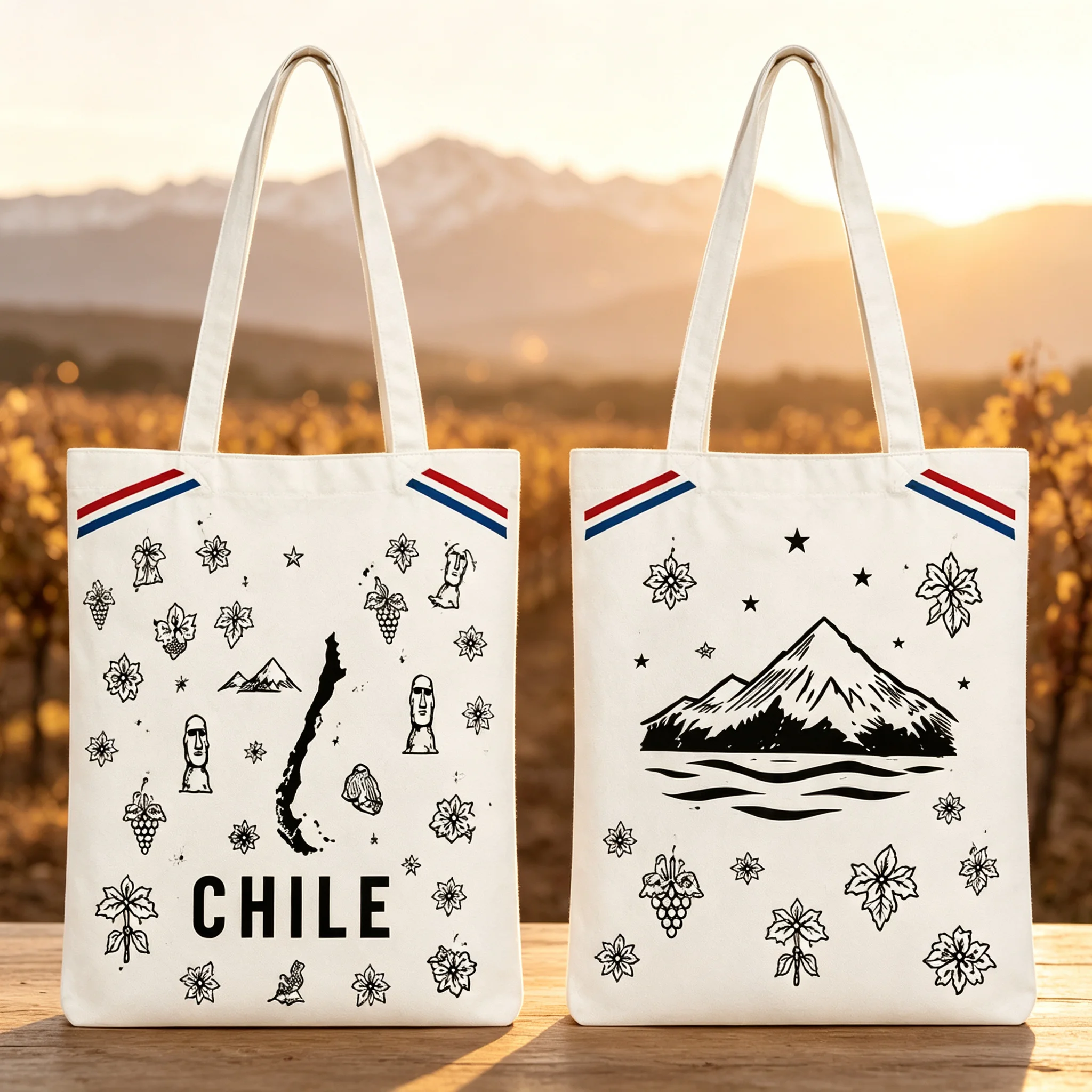 Chile Canvas Tote Bag Reversible Travel Souvenir Easter Island Moai Hand Drawn Map Unisex Shopping Bag Gift