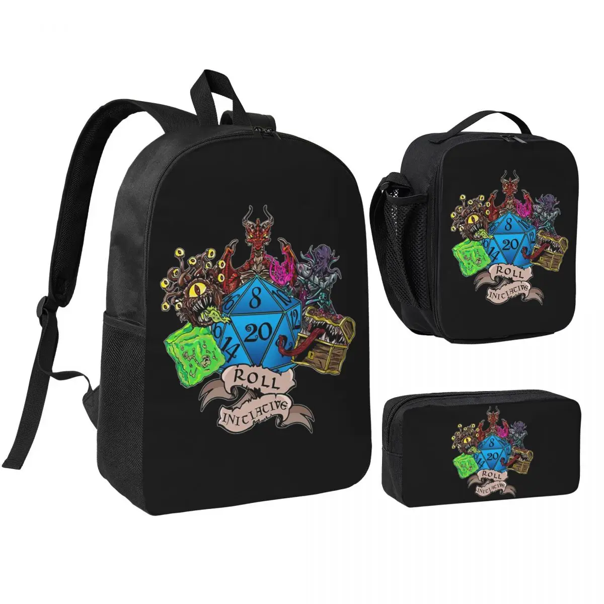 Roll Initiative Dungeon And Dragon Backpack Student BookBag School Bag Shoulder Bags 3ps Insulated Lunch Bag Pencil Case