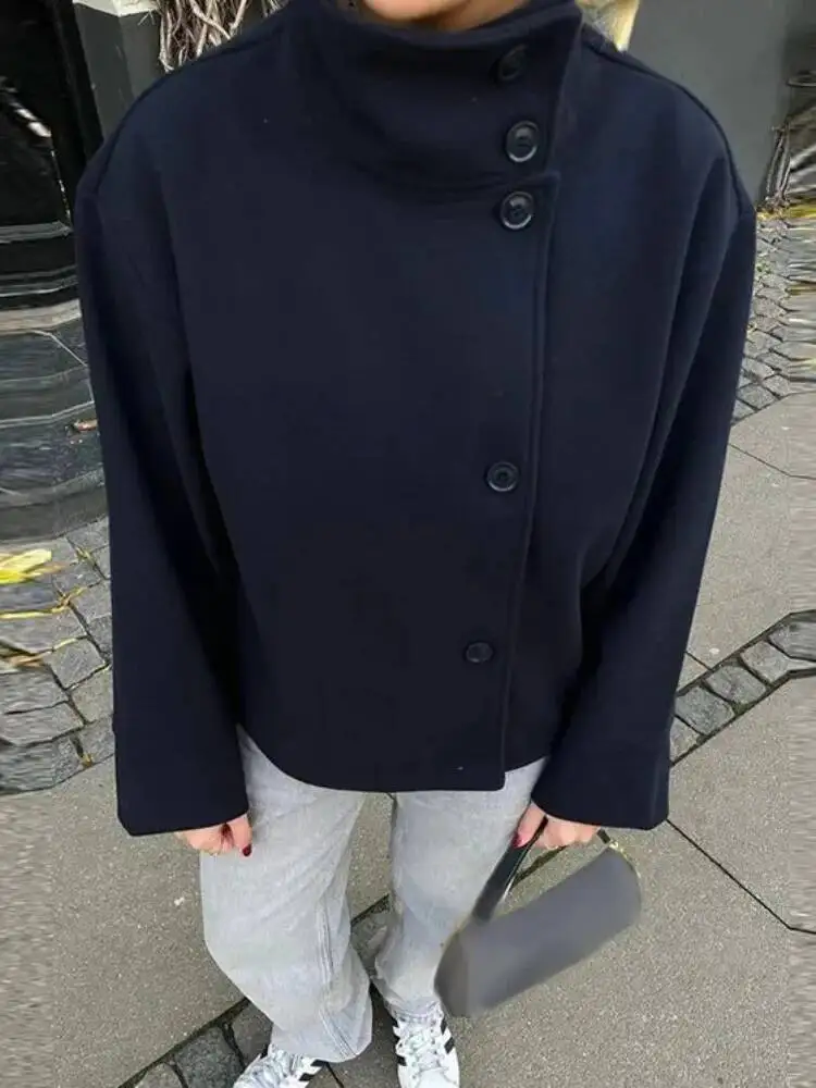 الحضرية الأسود الصوف مزيج معاطف النساء الوقوف طوق واحدة الصدر طويلة الأكمام سميكة الدافئة سترة 2025 الخريف الشتاء سيدة أبلى