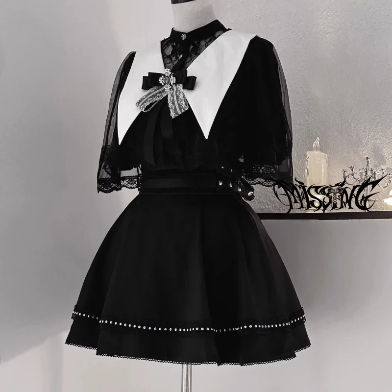 

Angelic Pure White Japanese Original Design Cape With Waist-Cinching Lace Shirt Lolita Short-sleeves Y2k Kawaii Top Blouse Skirt