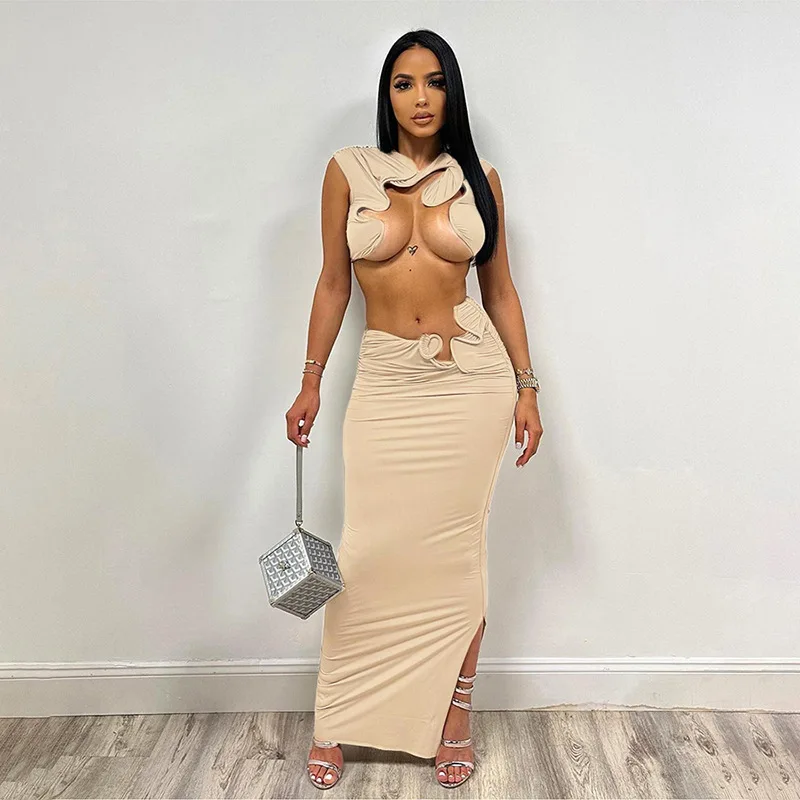 Sexy Summer 2 Piece Set Women Chic Irregular Mini Tank Tops+Long Ruffles Skirts Solid Elastic Matching Clubwear Suits