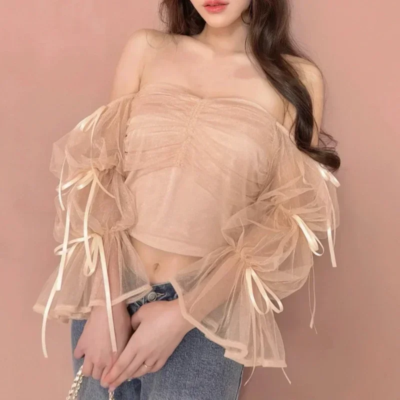 Bandage Bow Shirts & Blouses Off Shoulder Long Sleeve Blusas Slash Neck Camisas Japan Style Ropa Mujer Spring Summer Tops