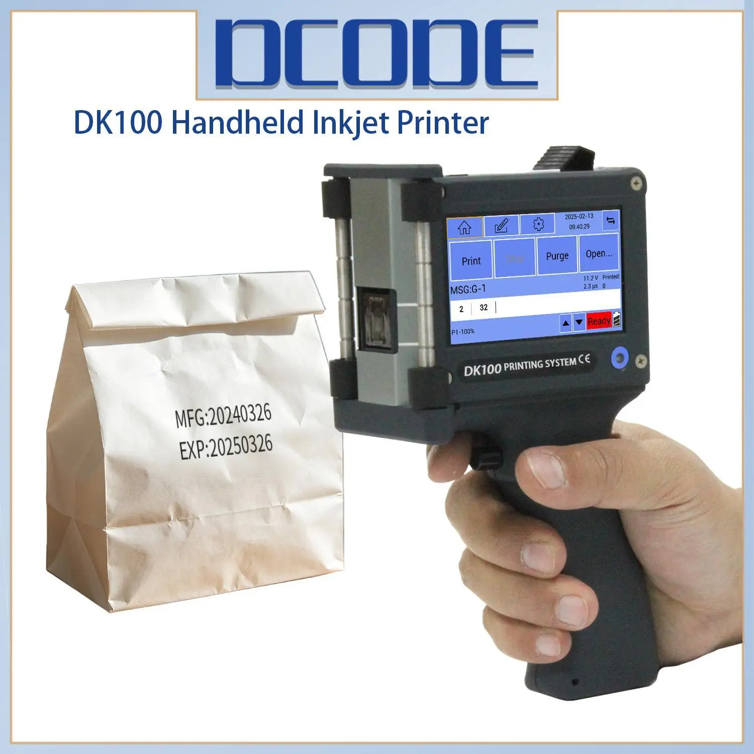 

Портативный струйный принтер DCODE DK100 Smart с сумкой для переноски, 12,7 мм, для печати QR-кодов, штрихкодов, логотипов, текста, даты, этикеток