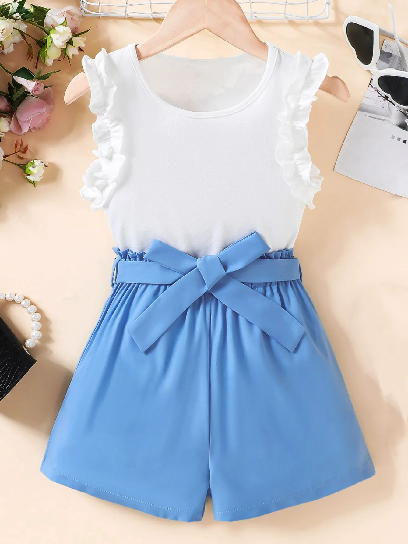 Summer fashion novel girls lace sleeveless solid color blouse foreign style bow shorts two-piece set