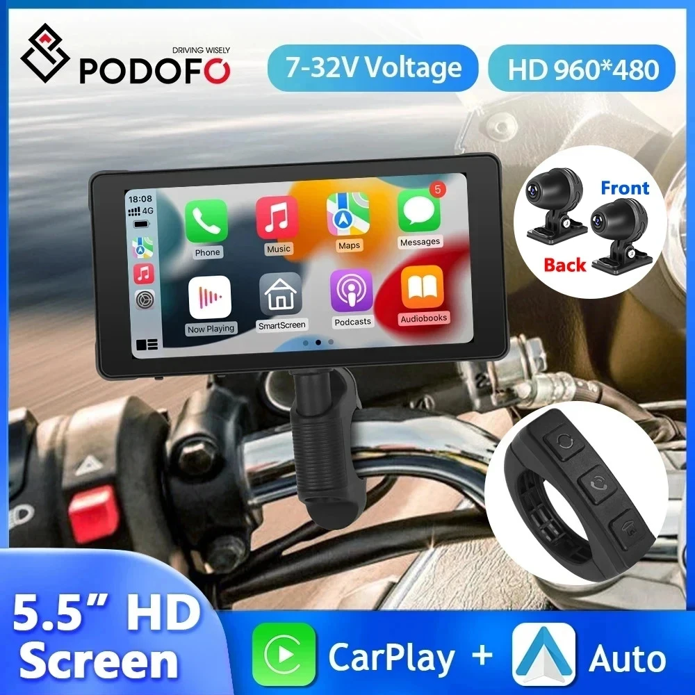 

Podofo 5.5'' Motorcycle Portable IP67 Waterproof Wireless Carplay Android Auto Car Monitor Bluetooth WIFI DVR Drive Recorder