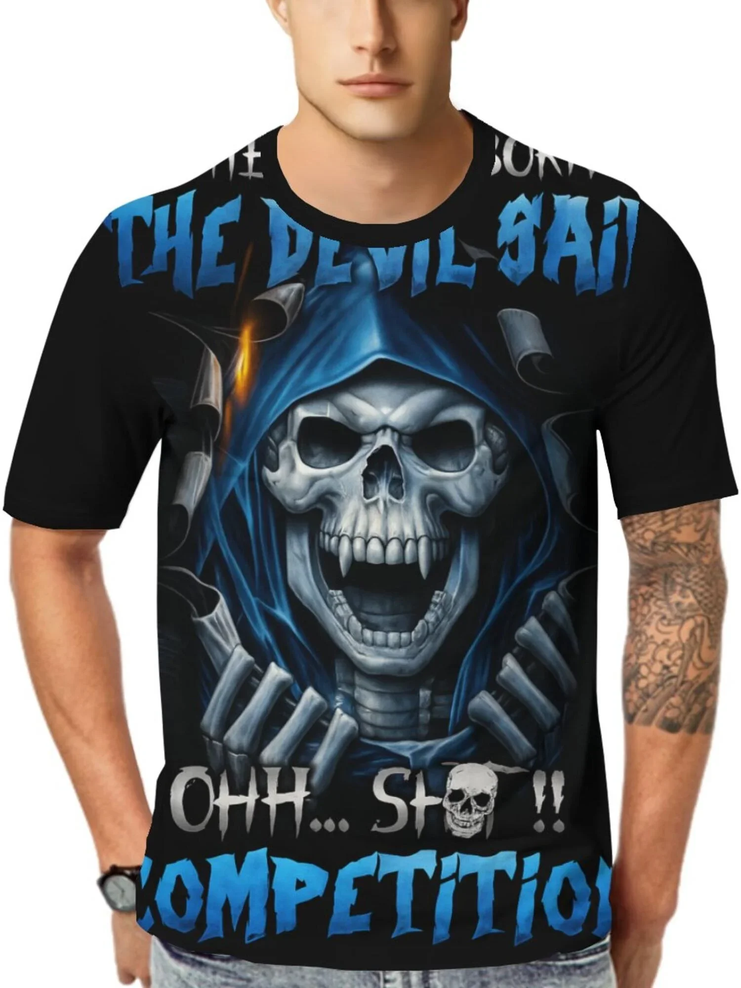Fashion Men's Grim Reaper Shotgun Print T-Shirt Vintage Gothic Lightning Skull Graphic T Shirt for Men Summer Casual Streetwear