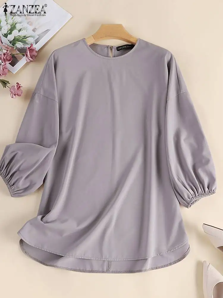 2023 ZANZEA Elegant Muslim Tops Fashion Puff Sleeve Blouse Woman Casual Solid Islamic Clothing Vintage Turkey Hijab Blusas Mujer