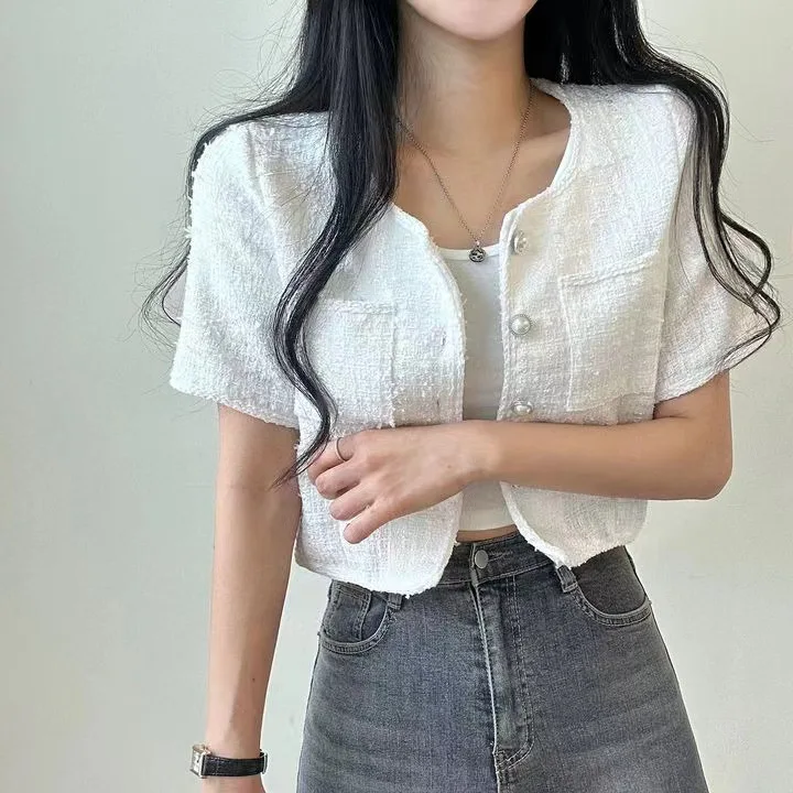 Żakiet tweedowy z frędzlami damski jesienny minimalistyczny zamszowy haftowany jednorzędowy prosty jedwabny miękki Harajuku prosty prążkowany bawełniany OL