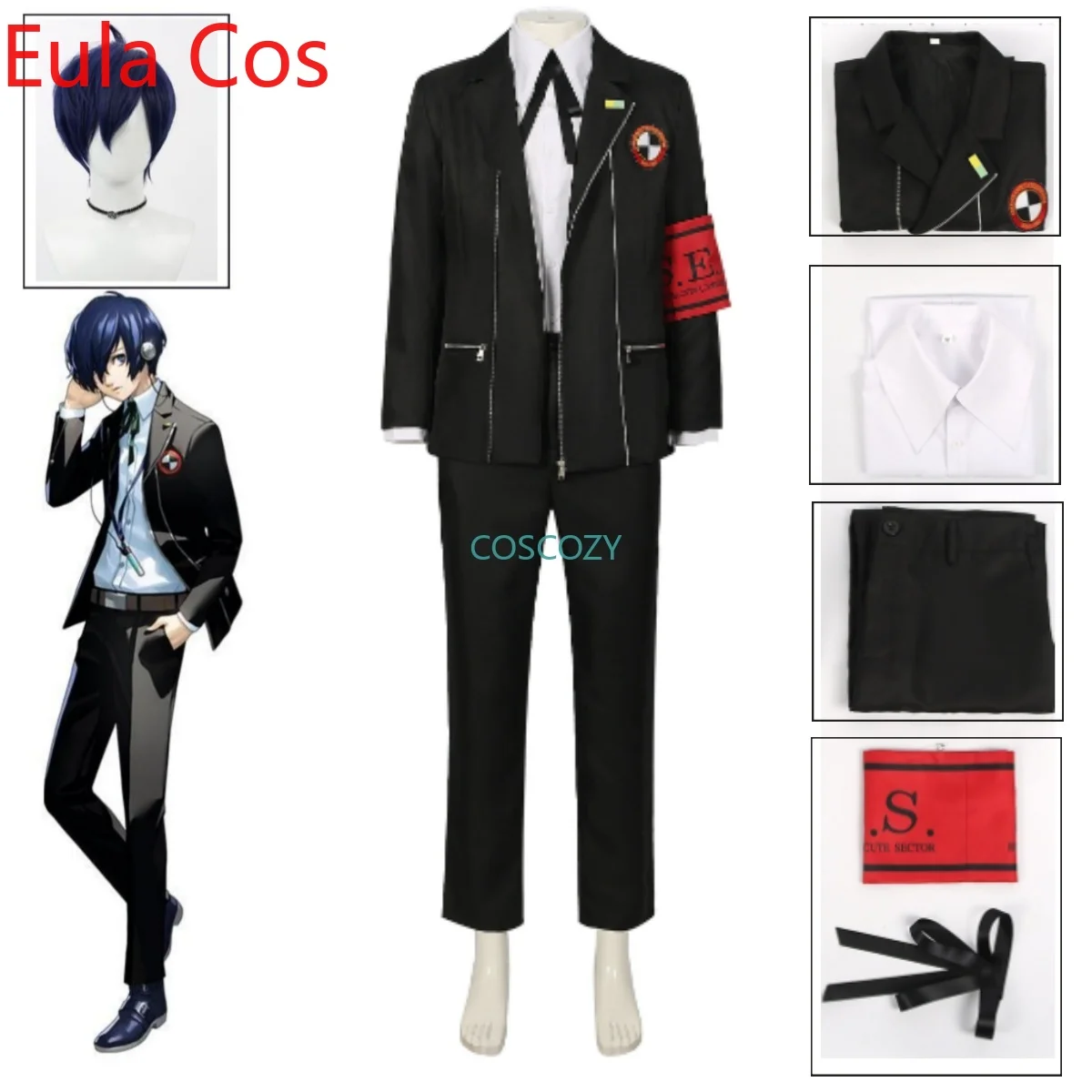 New Game P3 Makoto Yuki Cosplay Costume Wig Gekkoukan High School Uniform Embroidery Black Suit Pants Shirt Daily Wearing Gifts