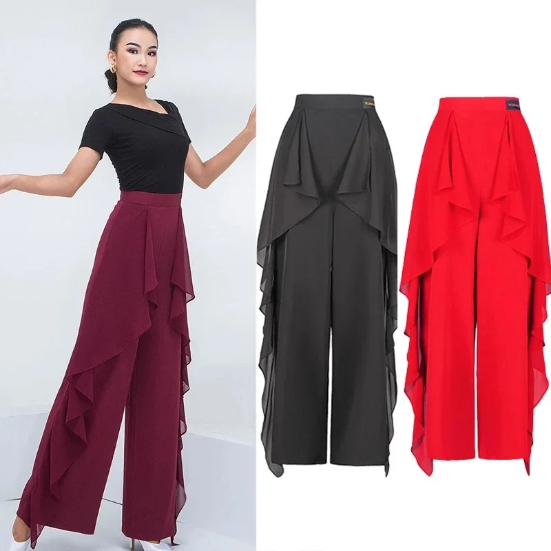 

Modern Dance Pants Women'S New High-Waist Ruffled Wide-Leg Pants National Standard Trousers Latin Dance Pants Costumes