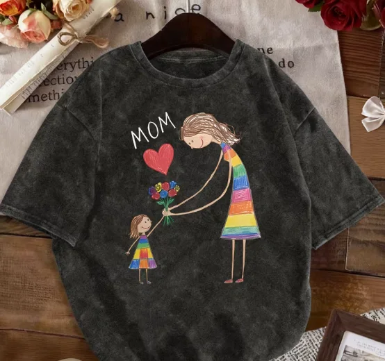 Parent Child Love Printed Washed Short Sleeved T-shirt Made of Old Round Neck T-shirts
