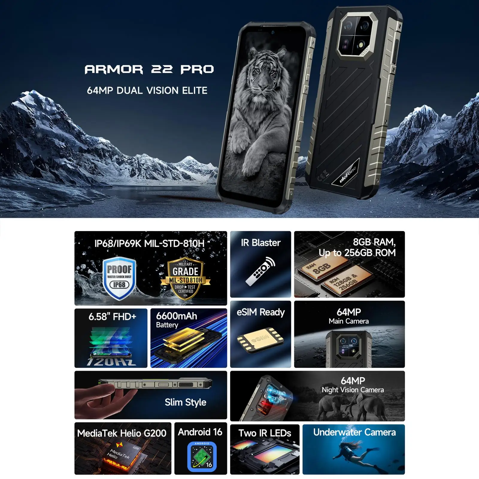 Ulefone Armor 22 Pro Rugged Phone 128GB/256GB 6.58 inch Android 16 MediaTek Helio G200 Global Version 4G NFC 6600mAh Smartphone