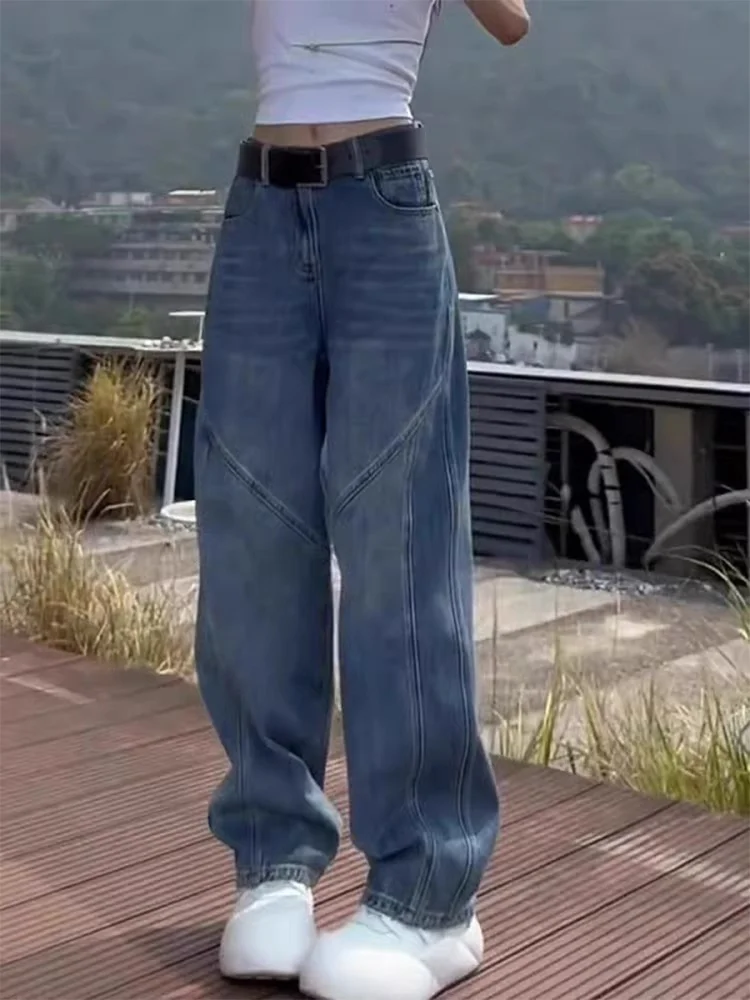 

Широкие джинсы с высокой талией, женские джинсовые брюки в американском стиле, осенние большие размеры, груша, апей, утягивающие прямые брюки...