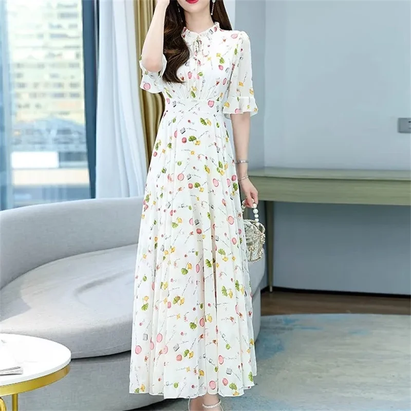 Women Chiffon Pink Floral Elegant Maxi Dress 2024 Summer Long Tunics Formal Midi Bodycon Casual Beach Prom Dresses