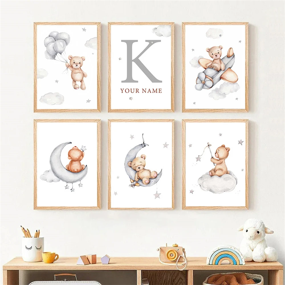 

Custom Baby Name Poster Moon Bear Wall Art Canvas Painting Nursery Posters And Prints Nordic Wall Pictures Baby Kids Room Decor