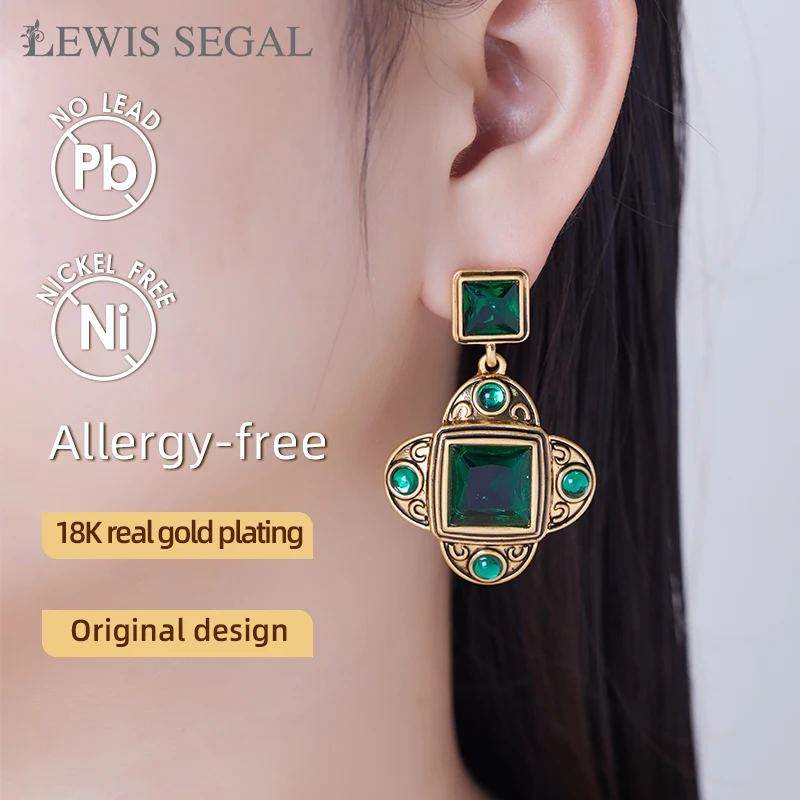 LEWIS SEGAL Luxury Medieval Style Fine Jewelry Retro Czech Gemstones Green Crystal Drop Earrings for Women Girls 18K Gold Plated