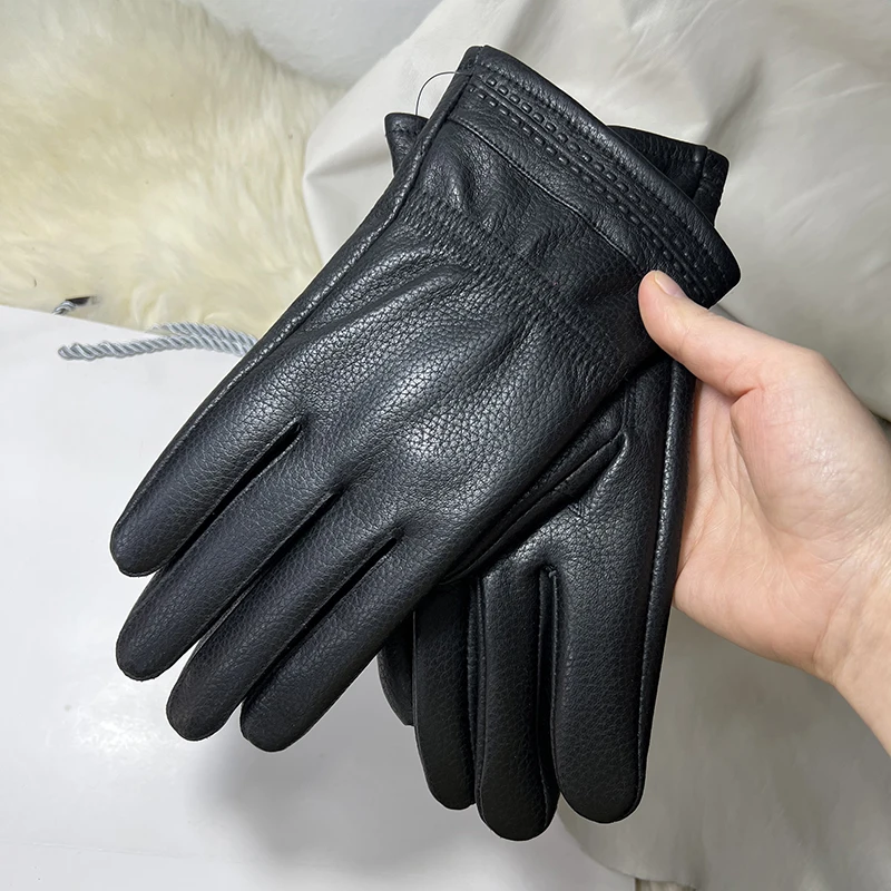 

Deerskin Pattern Male Leather Gloves Men's Genuine Leather Gloves Black Sheepskin Women's Gloves Warm Velvet Lining For Winter