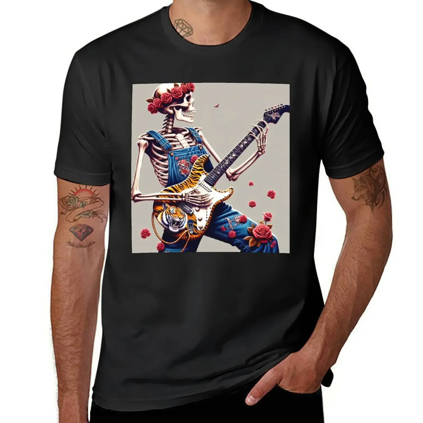 Dead Skeleton on Tiger Roses Electric Grateful Guitar T-Shirt summer clothes blacks heavyweight t shirts for men