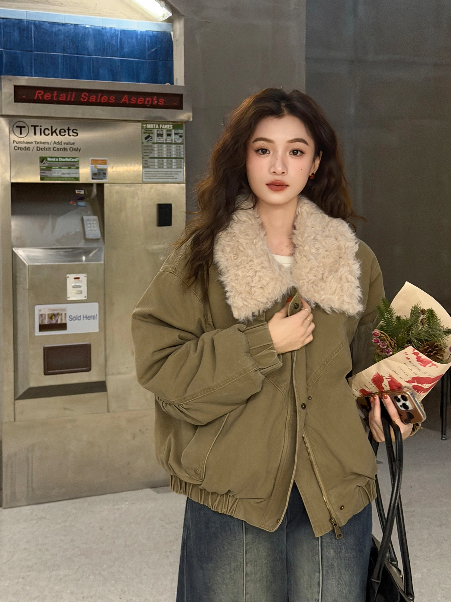 

i Color Stand Collar Jaet with Flap Fce Loose Fit Thiened Cotton Coat Vintage Sle Winter Outerwear