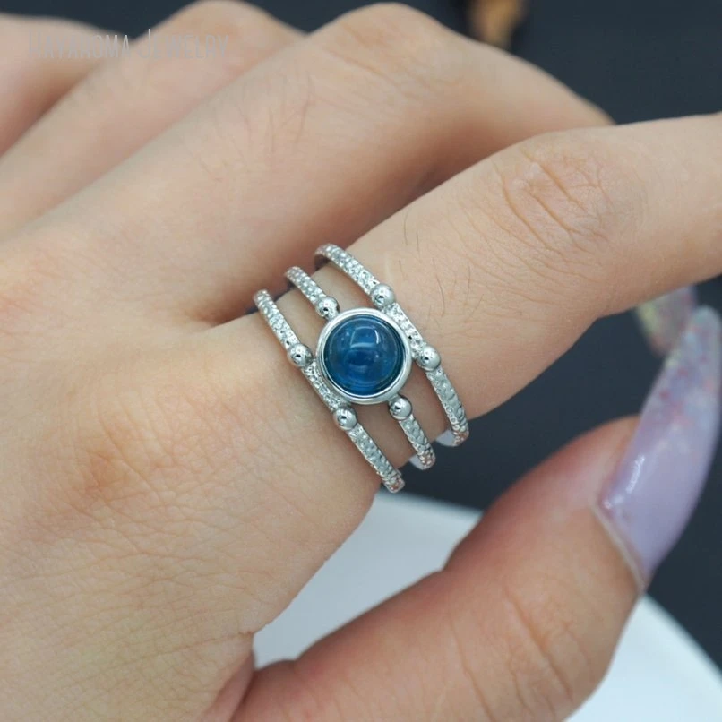 10Pcs Semi-precious Stone Apatite Round Coin Shape Circle Wholesale Silver Color Ring RM51355