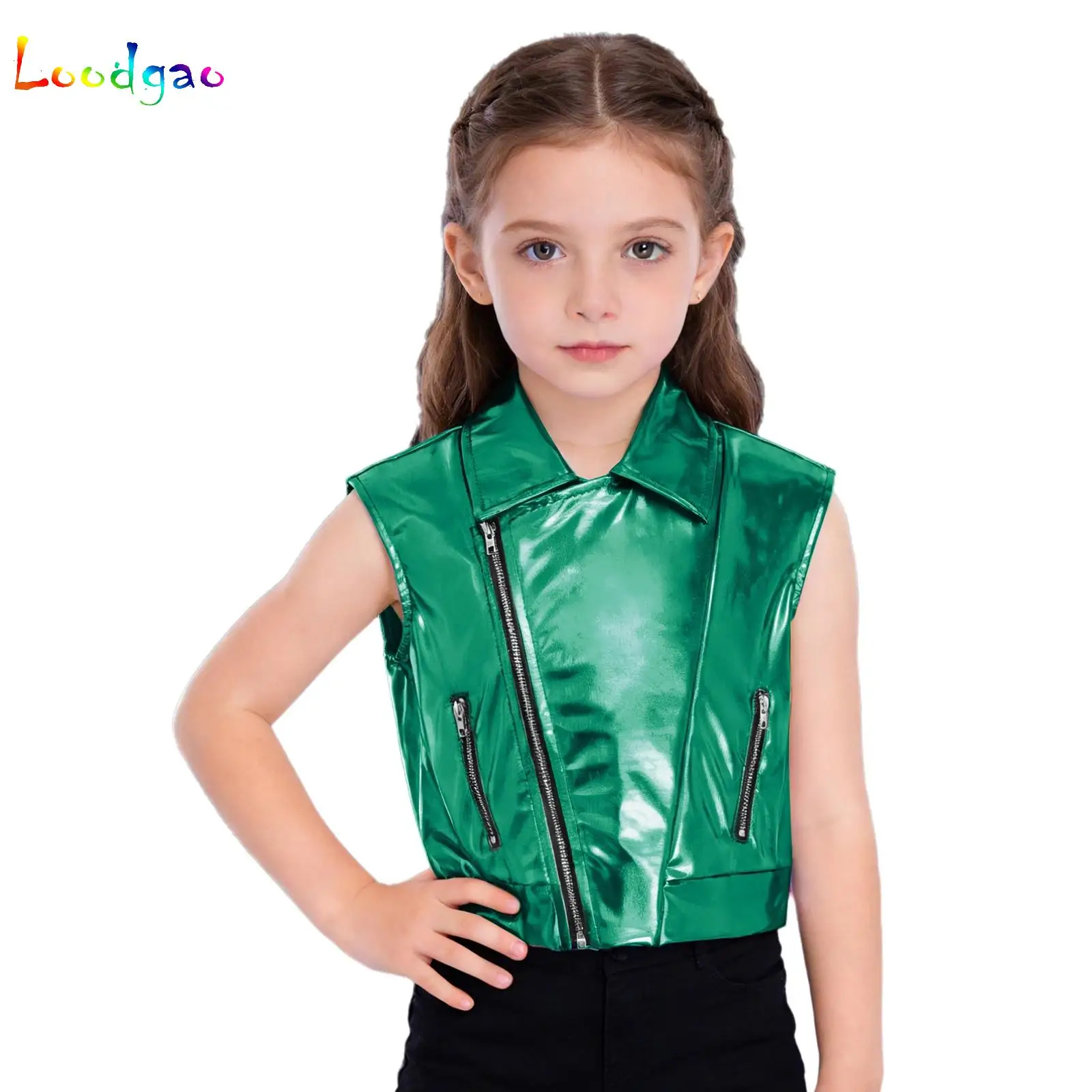 

Streetwear Kids Boys Girls Metallic Waistcoat Fashion Turn-Down Collar Vest Sleeveless Outerwear Hip Hop Dance Party Stage Wear