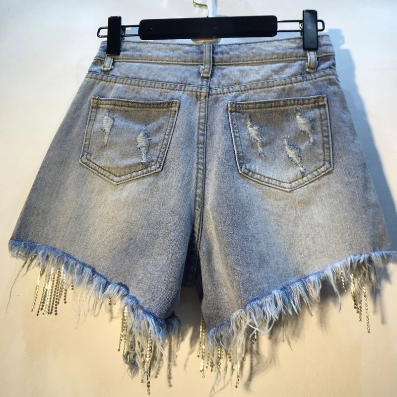 European Summer High Waist Denim Shorts Ripped Hole Rhinestone Tassel Chain Slim Slim Straight Denim Shorts Women