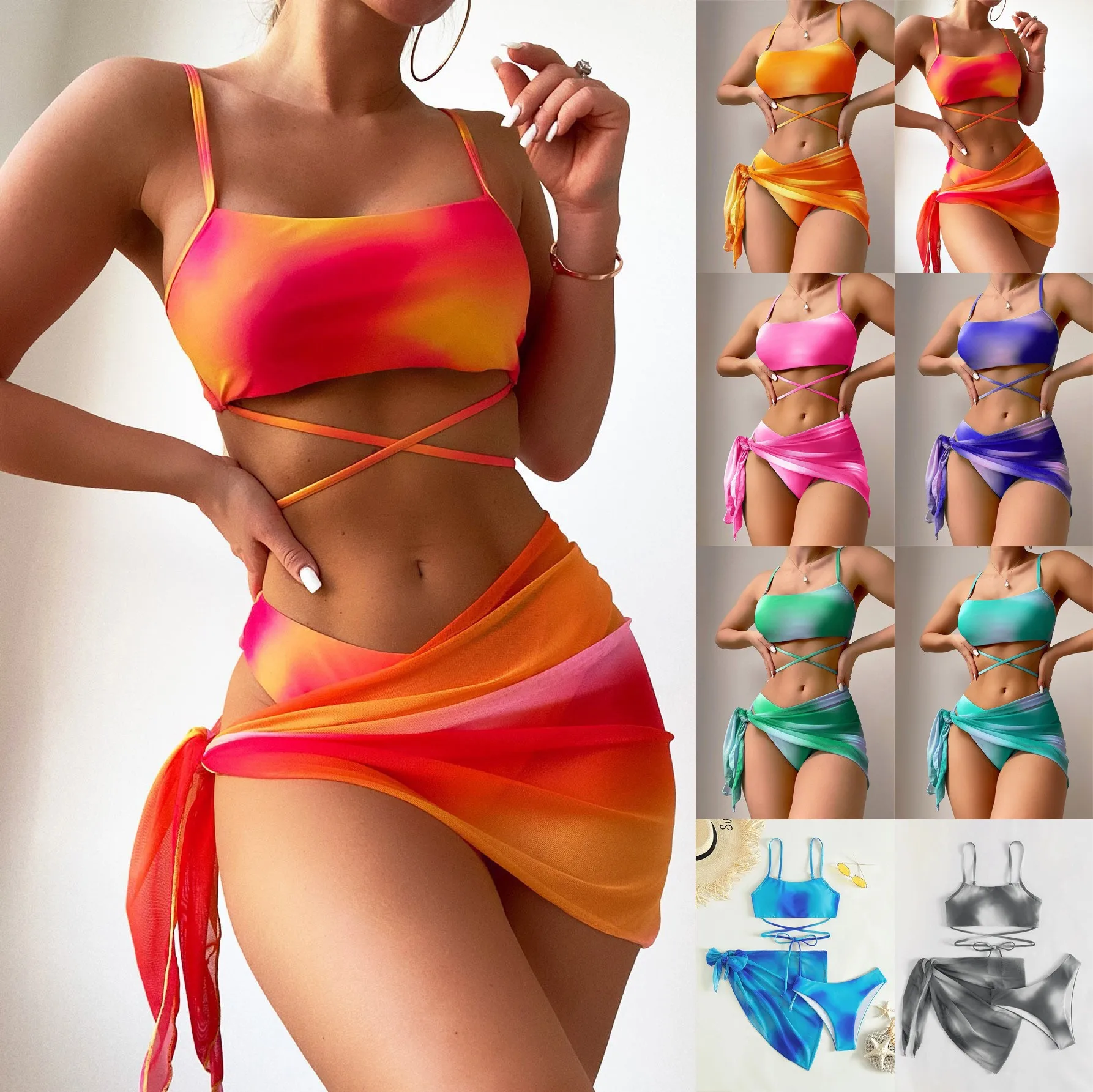 Woman 2026 Beach Outfits Crop Top Bikinis Wrap Skirt Gradient Print Swimwear Square Neck Thin Straps Two Piece Swimsuit Sets