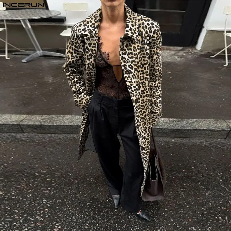 

INCERUN Men Long Style Trench Leopard Printing Lapel Long Sleeve Male Coats Cardigan Streetwear Fashion Loose Windbreaker 2026
