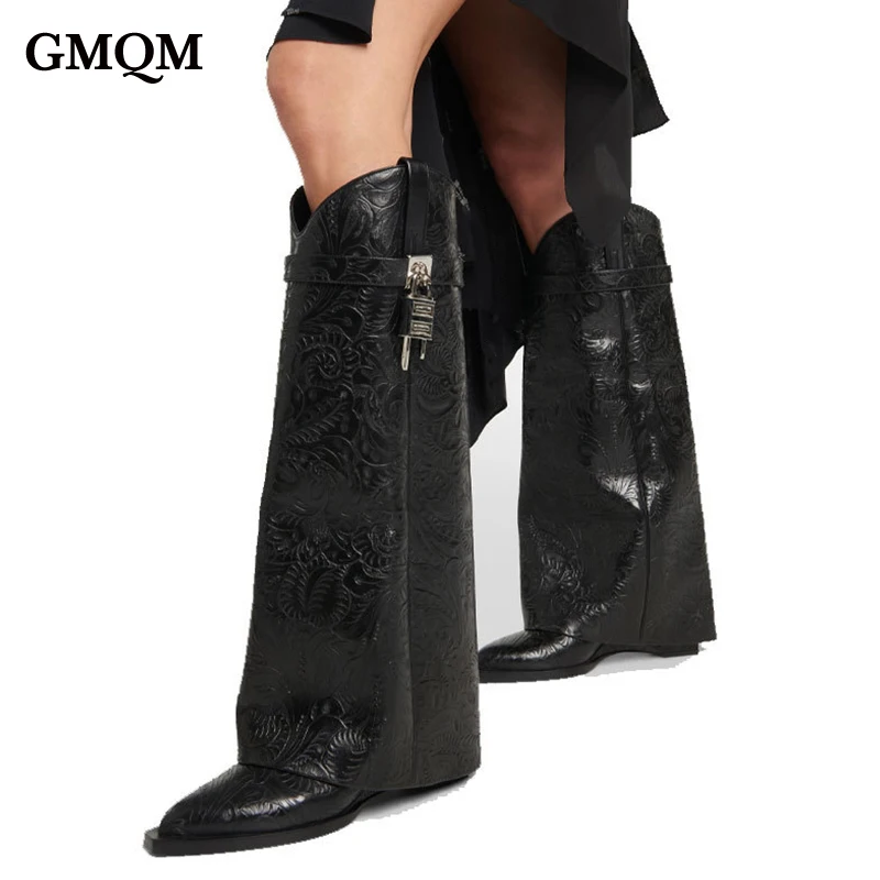 GMQM Black Fashion Printed Wedgs Boots Women New The Knee Boots Shark Lock Retro Pattern High Heels Big Size 43 Designer