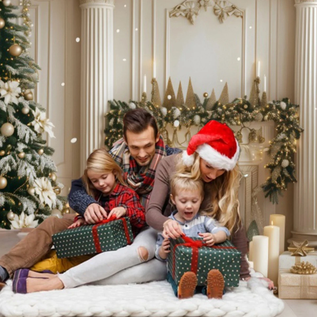 Christmas Palace Fireplace Scene Photography Backdrops Christmas Tree Gifts Adults Kids Portrait Family Party Photo Background