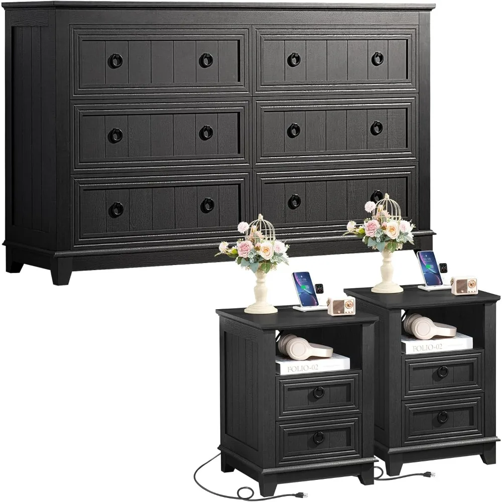 

Farmhouse Furniture Set, Nightstands Set of 2 and 6 Drawers Dresser for Bedroom, 54 Inch Wide Wood Dresser and 18" Night Stands
