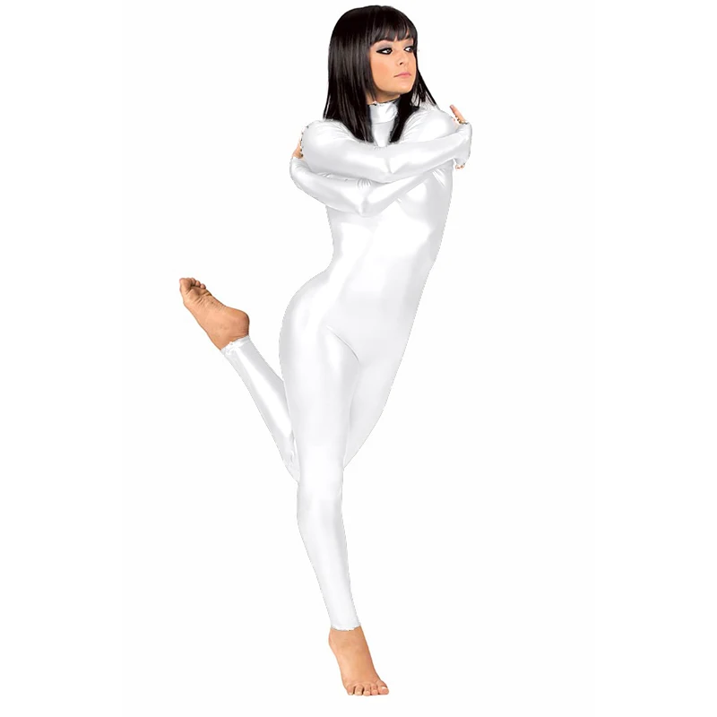 بدلة نسائية لدنة معدنية لامعة للكبار بدلة زنتاي بدون رأس بدلة لكامل الجسم زي Unitard بدلة للجسم بأكمام طويلة
