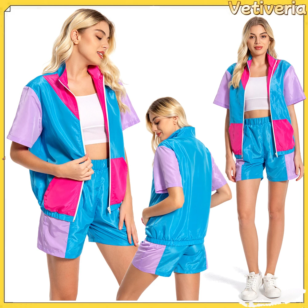 

Adult Women Retro 80s 90s Track Cosplay Costume Outfits Fashion Shorts Jacket Jogging Halloween Carnival For Girls Roleplay Suit
