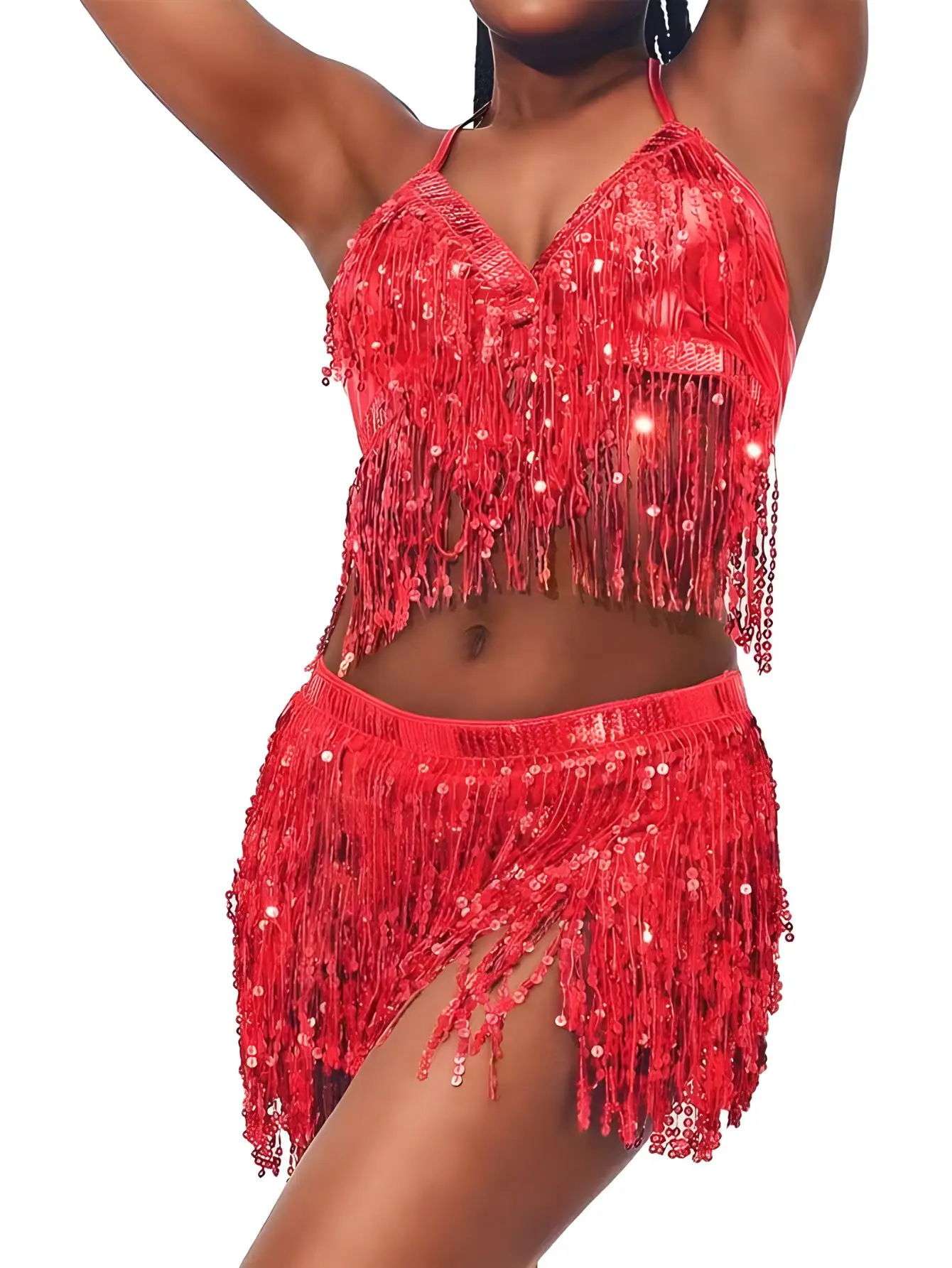 Belly Dance Top Bra Belt Set Latin Sequin Fringe Halter Hip Skirt Sexy Party Costume 4-warstwowy frędzel Stage Performance Cloth Wear