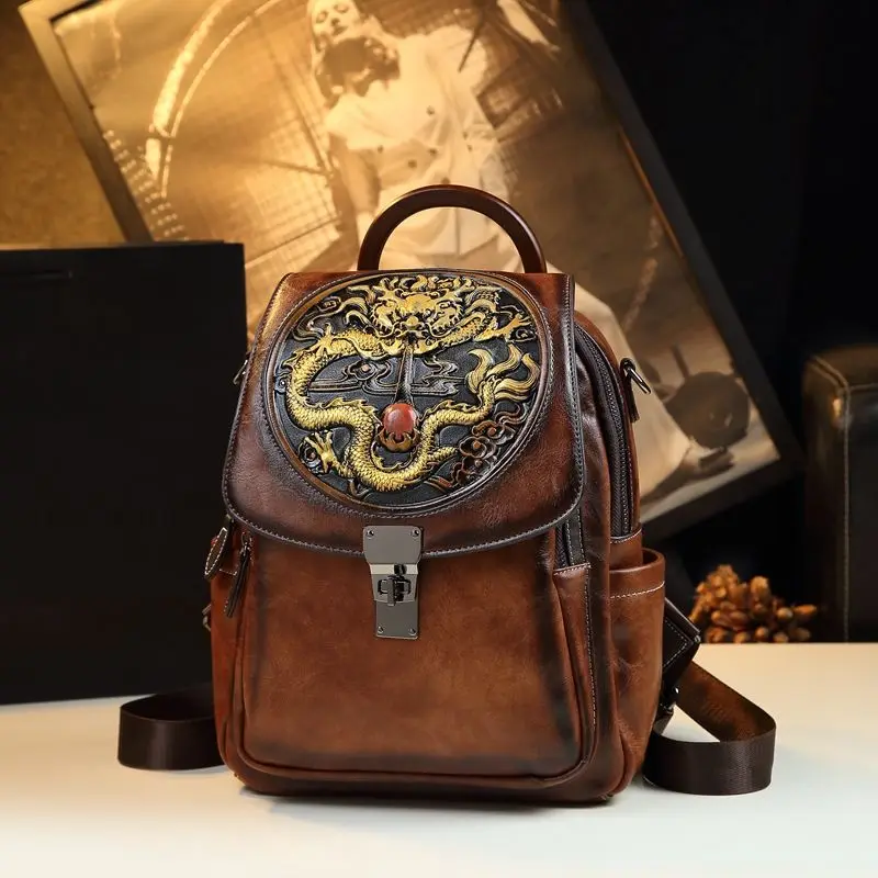 Retro National Style Leather Backpack Female Dragon Year Embossment Large Capacity Single Shoulder Multi-functional Travel Bag