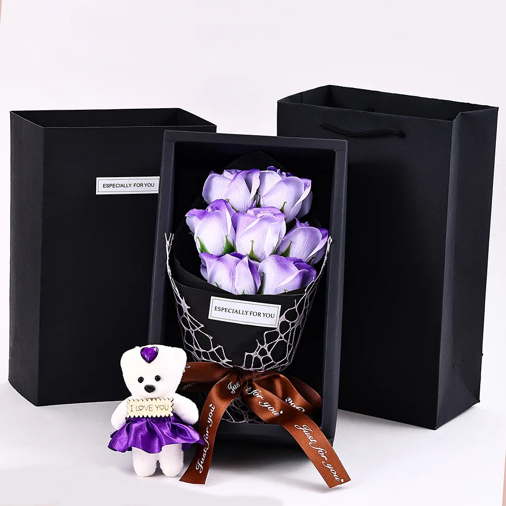 7 رؤساء الورد الاصطناعي باقة الدب الصغير هدية صندوق عيد الحب اليدوية كاذبة زهرة باقة عيد الأم حفلة عيد ميلاد G