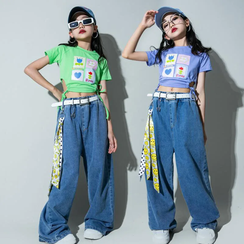 Girls Ballroom Hip Hop Clothing Sweet Crop Tops Denim Pants Kids Streetwear Outfits Children Teenage Jazz Street Dance Costumes