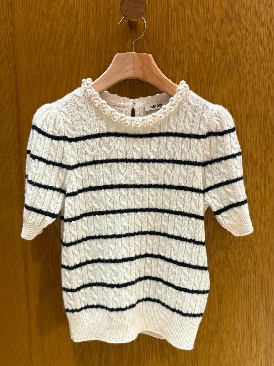 

HEIDD Vintage Striped Pearl Collar Short Sleeve Knitted Sweater Women's Casual Style Loose Fit Wool Blend Summer Top